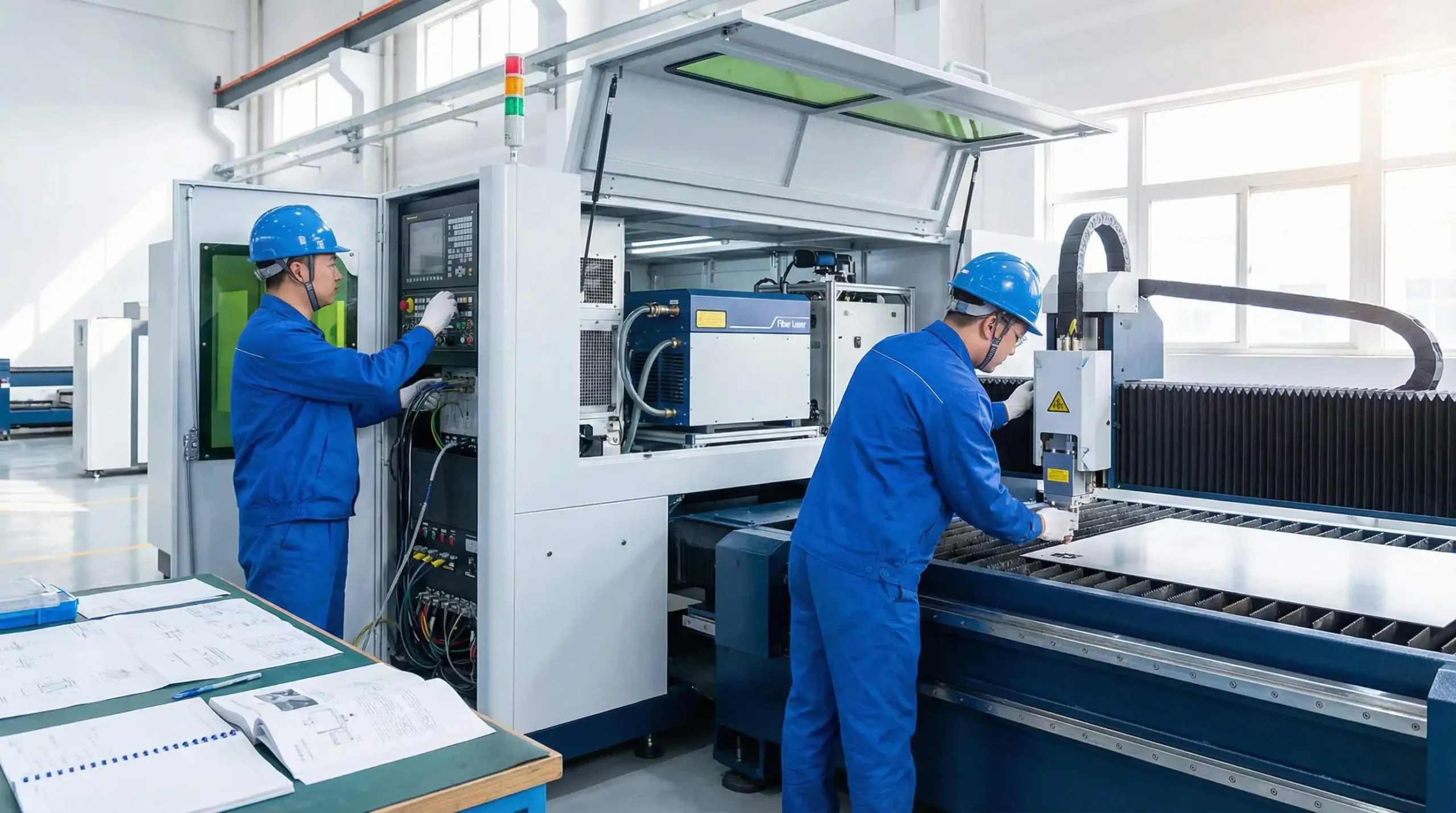 Professional installation team setting up fiber laser cutting machine